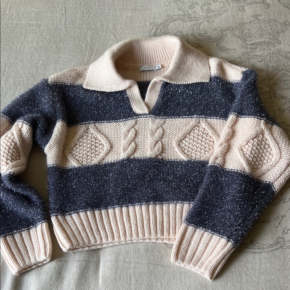 Lush Collared Striped Cable Knit Sweater in Blush and Navy
